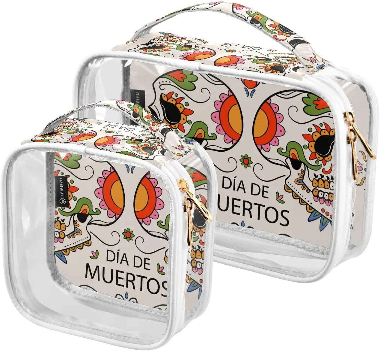 Dia-de-muertos Print 2 Pack Clear Toiletry Bag Women Men, Portable Waterproof Clear Pouch, Cosmetic Bag with Double Zippers Large Opening Traveling with Handle for Bathroom Traveling Vacation Organizi