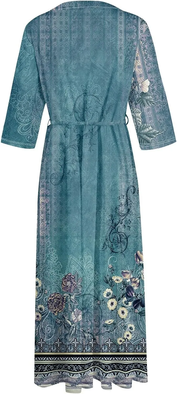 Dresses for Women Summer Floral Long Dress Trendy 3/4 Sleeve Wrap Flowy Beach Dress A Line Boho Vacation Dresses
