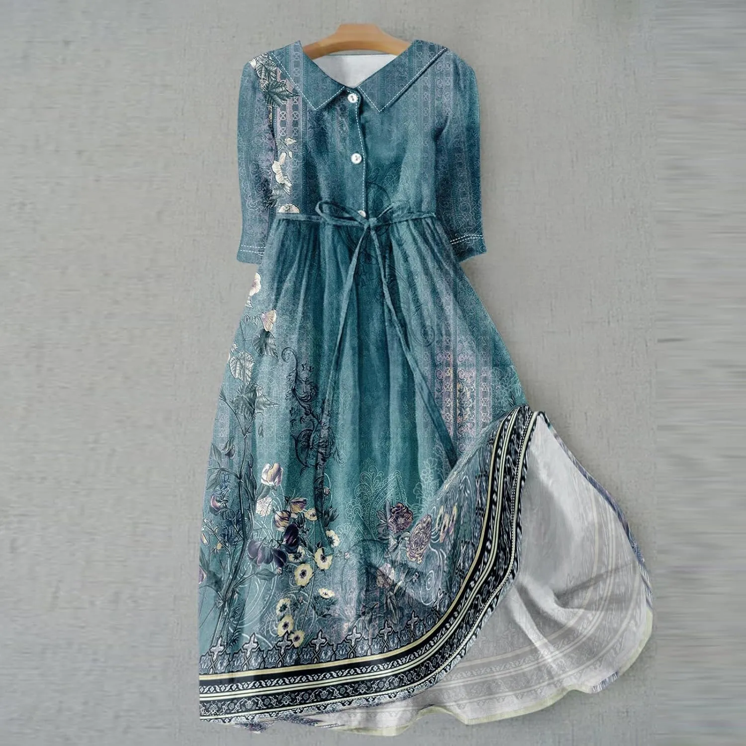 Dresses for Women Summer Floral Long Dress Trendy 3/4 Sleeve Wrap Flowy Beach Dress A Line Boho Vacation Dresses