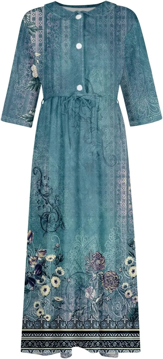 Dresses for Women Summer Floral Long Dress Trendy 3/4 Sleeve Wrap Flowy Beach Dress A Line Boho Vacation Dresses