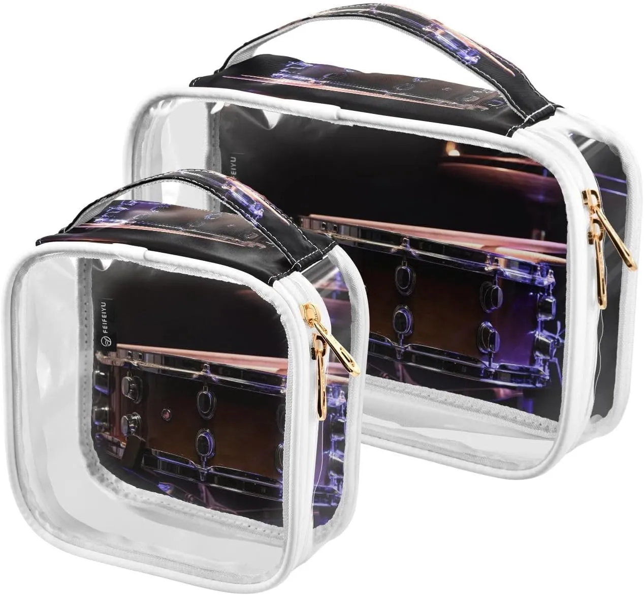 Drum-kit-space Print 2 Pack Clear Toiletry Bag Women Men, Portable Waterproof Clear Pouch, Cosmetic Bag with Double Zippers Large Opening Traveling with Handle for Bathroom Traveling Vacation Organizi