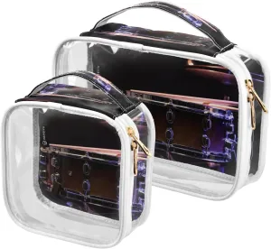 Drum-kit-space Print 2 Pack Clear Toiletry Bag Women Men, Portable Waterproof Clear Pouch, Cosmetic Bag with Double Zippers Large Opening Traveling with Handle for Bathroom Traveling Vacation Organizi