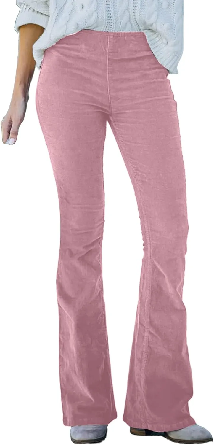 Famnbro Women's Corduroy Pants High Waist Skinny Flare Leg Long Pants Trousers with Pockets