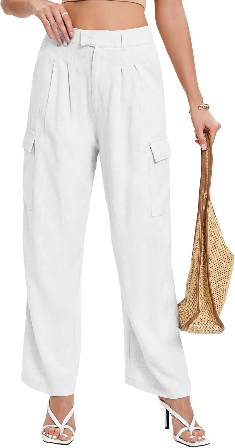 Famulily Comfy Pleated Linen Pants for Women Casual High Waisted Wide Leg Cargo Pants with Pockets