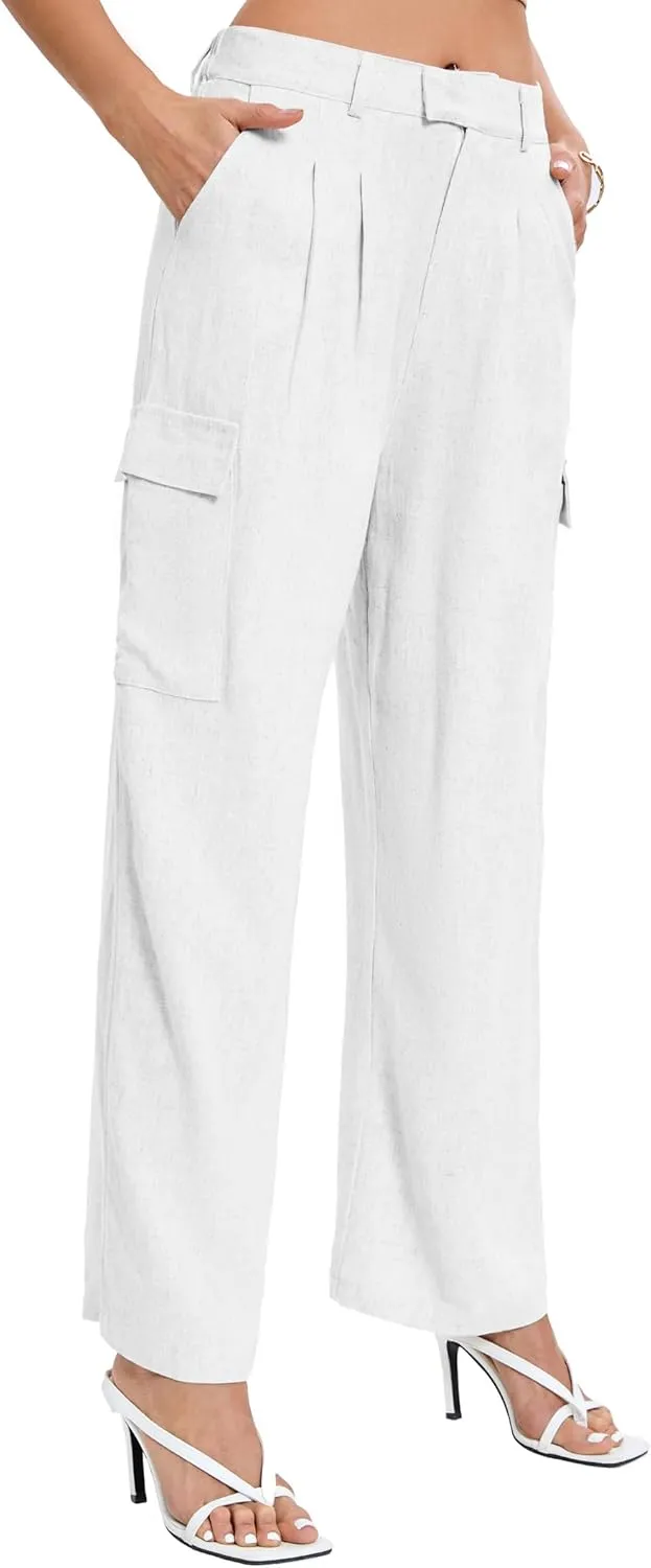 Famulily Comfy Pleated Linen Pants for Women Casual High Waisted Wide Leg Cargo Pants with Pockets