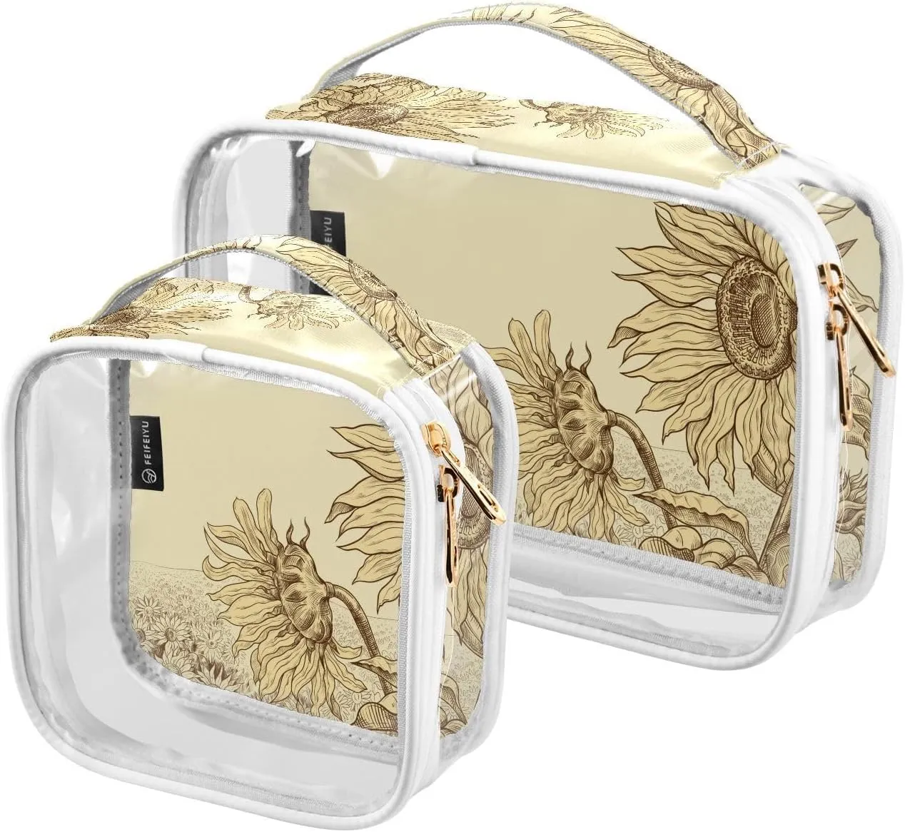 Field-sunflowers-print 2 Pack Clear Toiletry Bag Women Men, Portable Waterproof Clear Pouch, Cosmetic Bag with Double Zippers Large Opening Traveling with Handle for Bathroom Traveling Vacation Organi