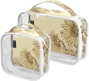 Field-sunflowers-print 2 Pack Clear Toiletry Bag Women Men, Portable Waterproof Clear Pouch, Cosmetic Bag with Double Zippers Large Opening Traveling with Handle for Bathroom Traveling Vacation Organi