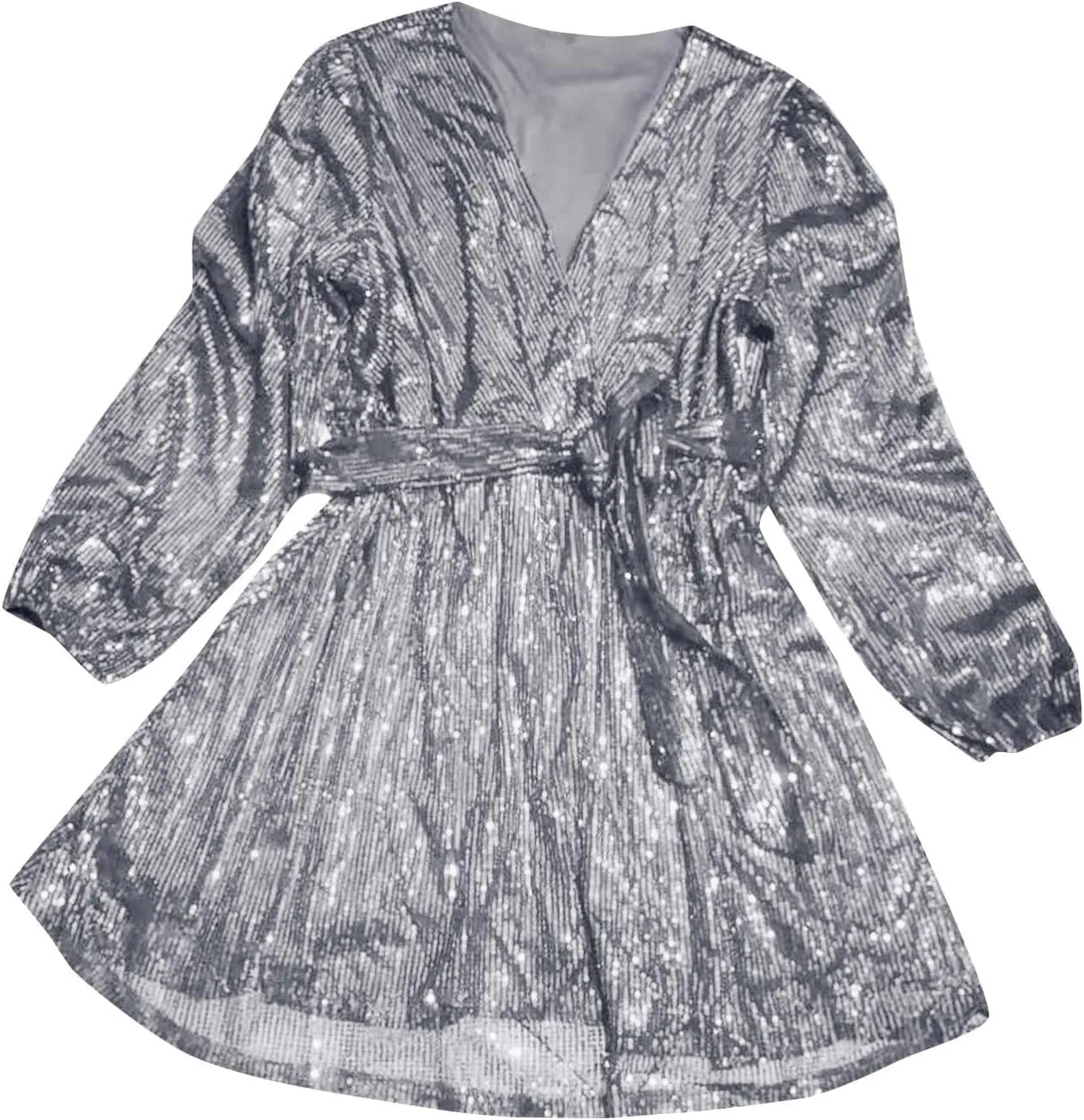 Firzero Plus Size Formal Dresses for Women 2024 Trendy Sequin Evening Party Dresses Sexy Lantern Sleeve V Neck Dresses Belt