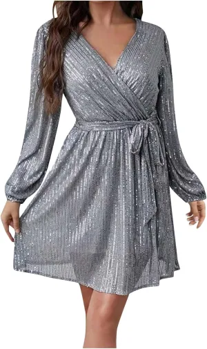Firzero Plus Size Formal Dresses for Women 2024 Trendy Sequin Evening Party Dresses Sexy Lantern Sleeve V Neck Dresses Belt