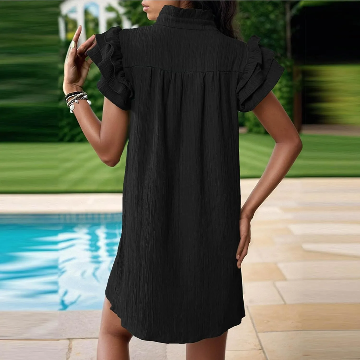 Firzero Women's Summer Dresses Drawstring V Neck Short Sleeve Ruffle Hem a Line Short Dress Casual Vacation Mini Beach Dress
