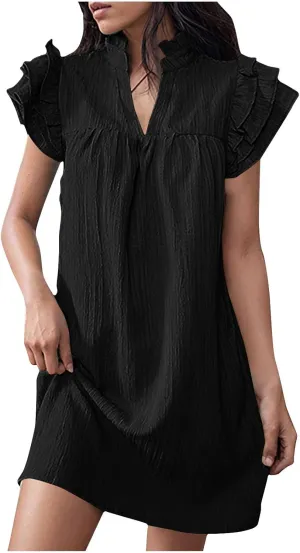 Firzero Women's Summer Dresses Drawstring V Neck Short Sleeve Ruffle Hem a Line Short Dress Casual Vacation Mini Beach Dress