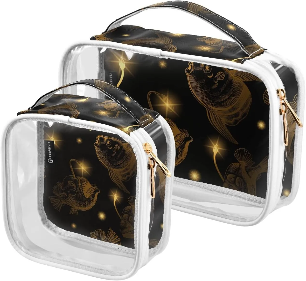 Fish-pattern-black-background 2 Pack Clear Toiletry Bag Women Men, Portable Waterproof Clear Pouch, Cosmetic Bag with Double Zippers Large Opening Traveling with Handle for Bathroom Traveling Vacation