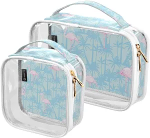 Flamingo-pattern-bird-tropical 2 Pack Clear Toiletry Bag Women Men, Portable Waterproof Clear Pouch, Cosmetic Bag with Double Zippers Large Opening Traveling with Handle for Bathroom Traveling Vacatio