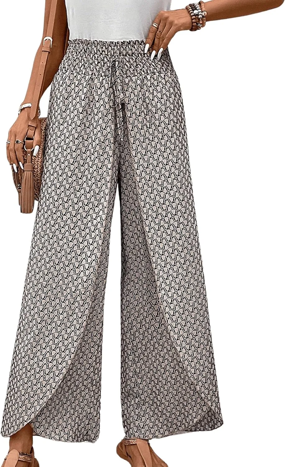 Floerns Women's Allover Print Knot High Waist Tulip Hem Summer Wide Leg Pants