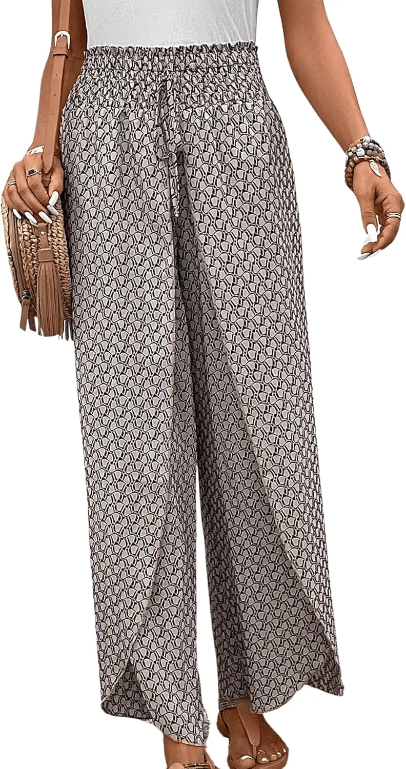 Floerns Women's Allover Print Knot High Waist Tulip Hem Summer Wide Leg Pants