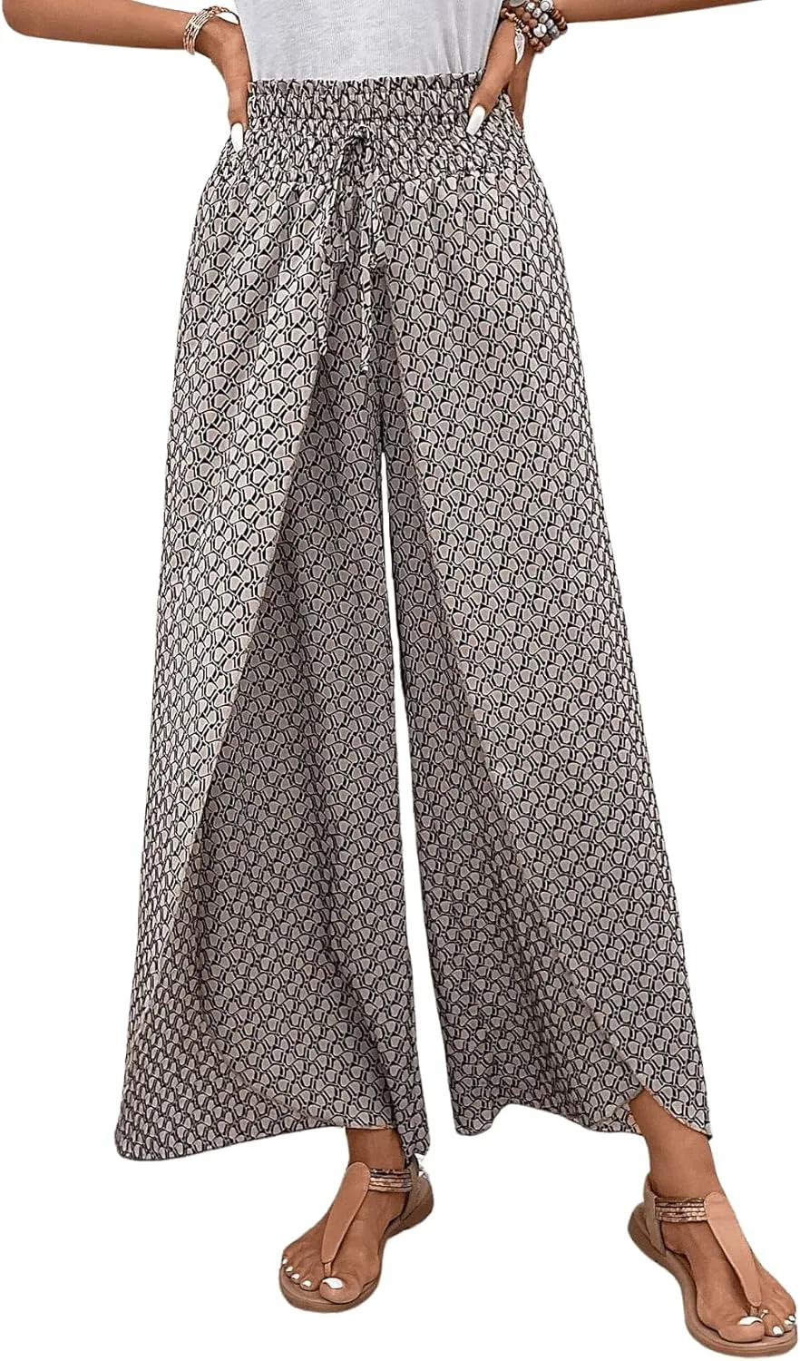Floerns Women's Allover Print Knot High Waist Tulip Hem Summer Wide Leg Pants