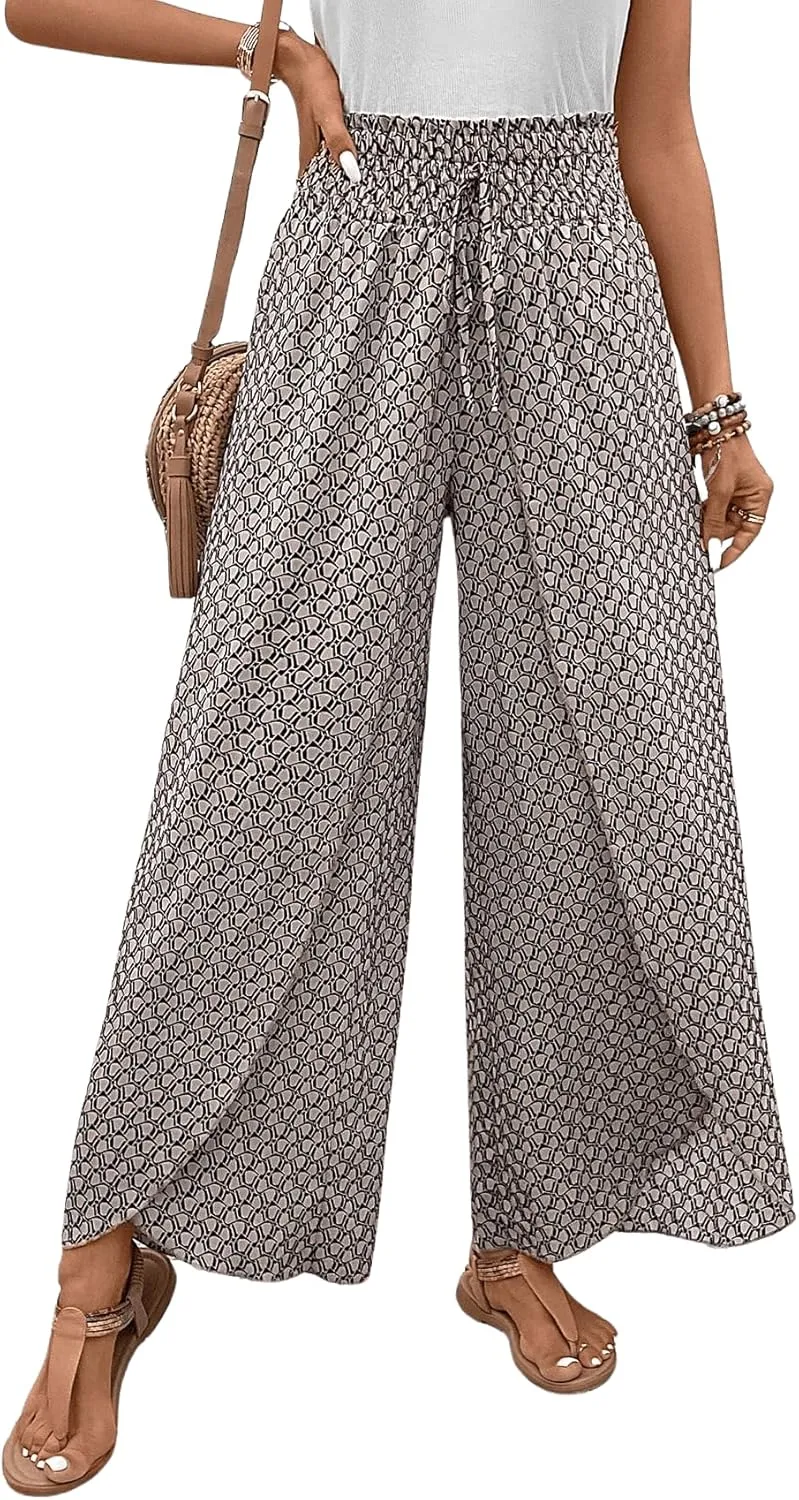 Floerns Women's Allover Print Knot High Waist Tulip Hem Summer Wide Leg Pants