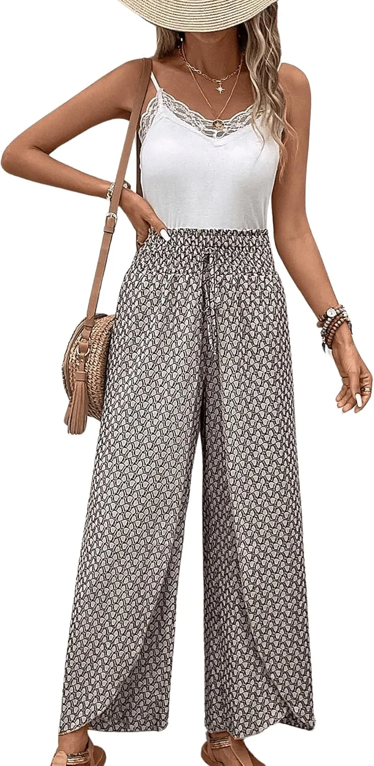 Floerns Women's Allover Print Knot High Waist Tulip Hem Summer Wide Leg Pants