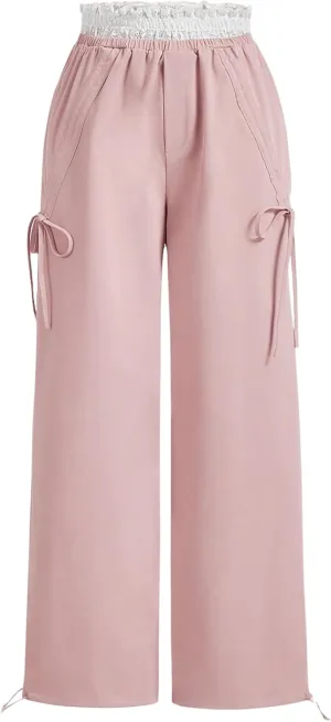 Floerns Women's Bowknot Side Lace High Waist Baggy Trousers Straight Leg Y2k Pants