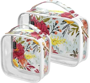 Floral-background 2 Pack Clear Toiletry Bag Women Men, Portable Waterproof Clear Pouch, Cosmetic Bag with Double Zippers Large Opening Traveling with Handle for Bathroom Traveling Vacation Organizing