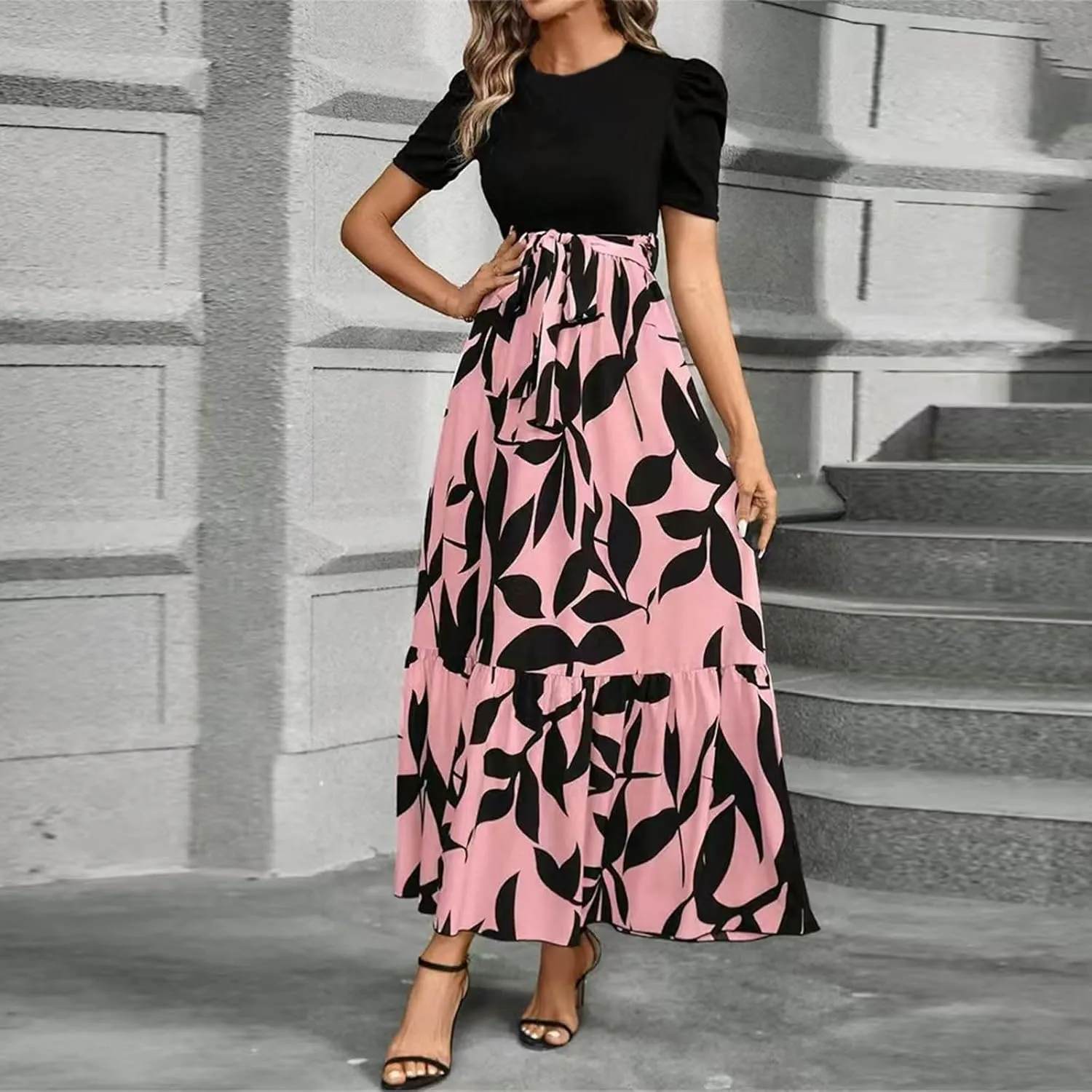 Floral Dress for Women Summer Puff Sleeve Patchwork Empire Waist Maxi Dresses Graduation Belt Crewneck Boho Sundress