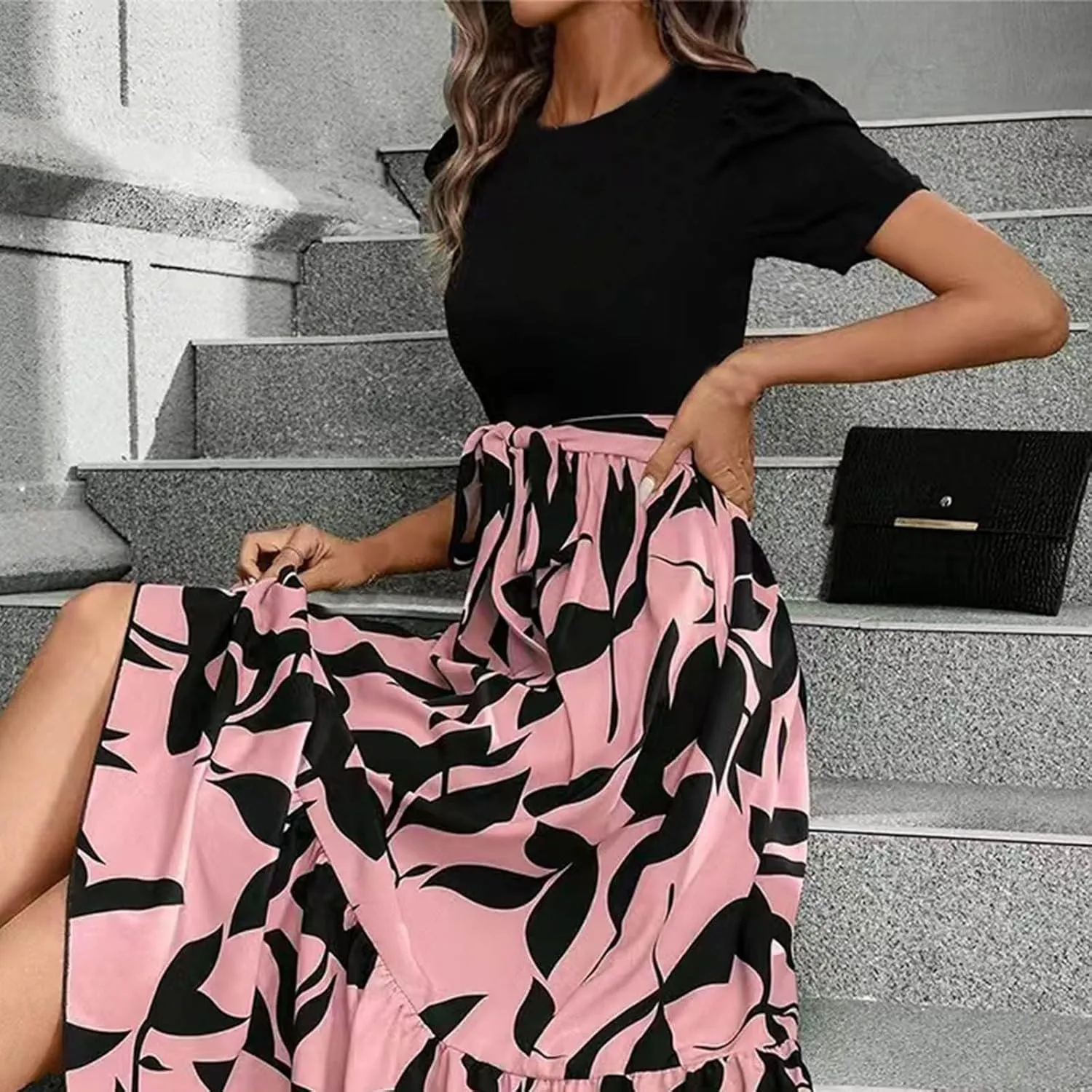 Floral Dress for Women Summer Puff Sleeve Patchwork Empire Waist Maxi Dresses Graduation Belt Crewneck Boho Sundress