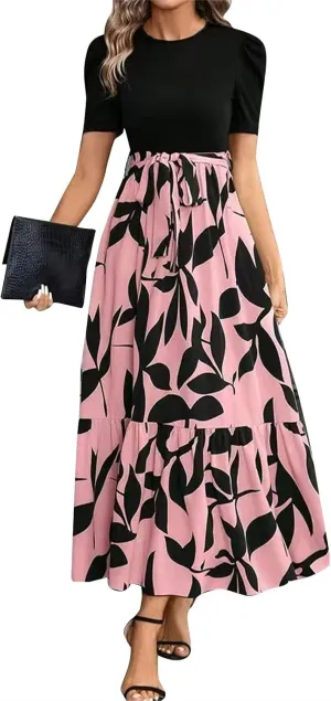 Floral Dress for Women Summer Puff Sleeve Patchwork Empire Waist Maxi Dresses Graduation Belt Crewneck Boho Sundress