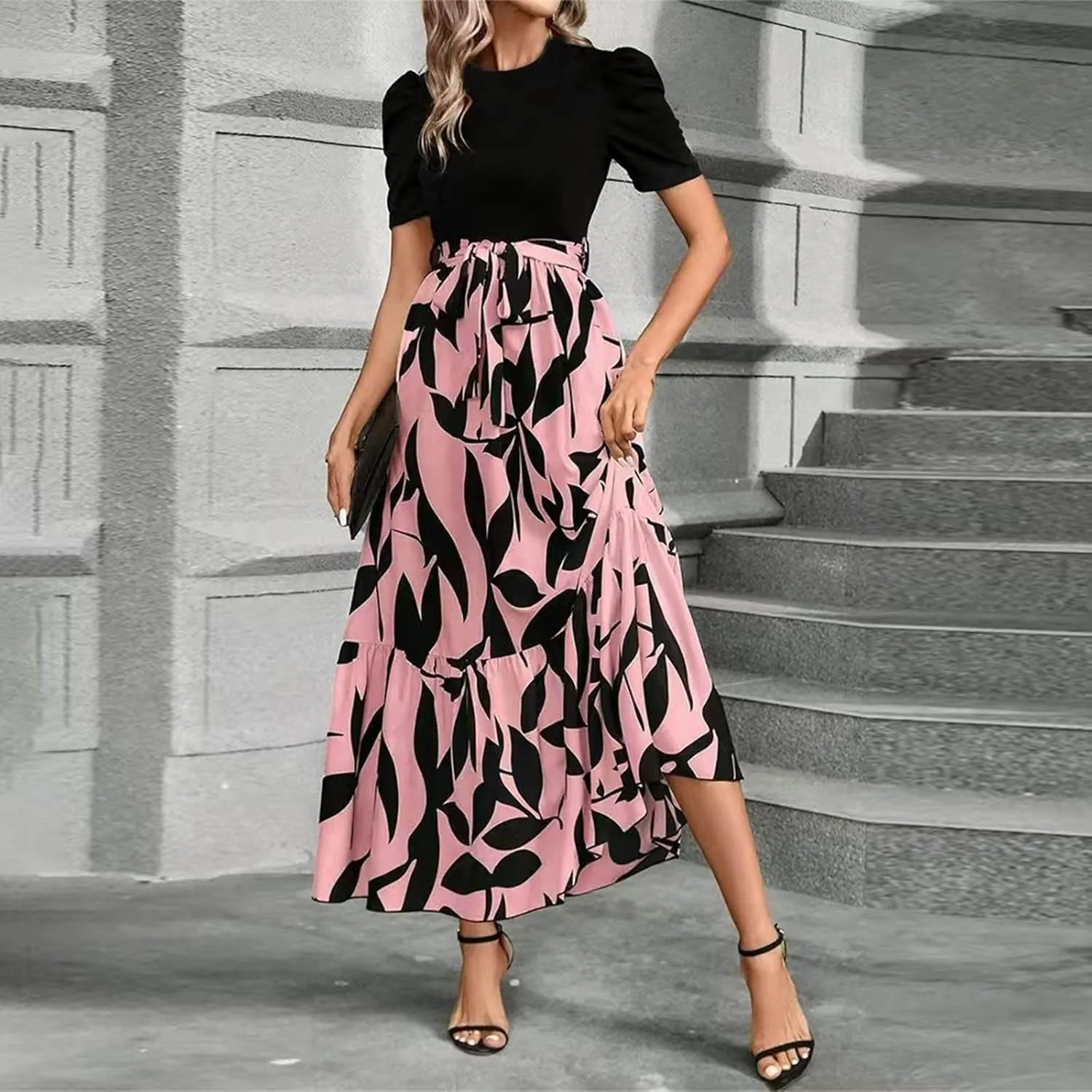 Floral Dress for Women Summer Puff Sleeve Patchwork Empire Waist Maxi Dresses Graduation Belt Crewneck Boho Sundress
