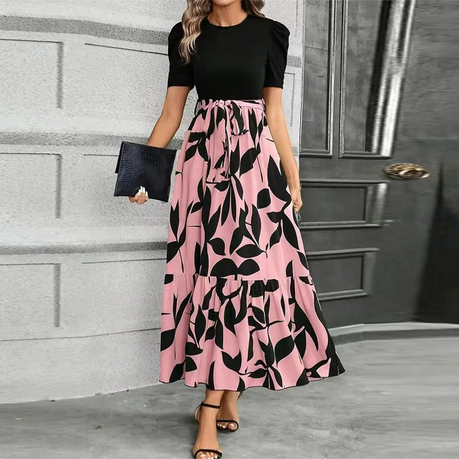 Floral Dress for Women Summer Puff Sleeve Patchwork Empire Waist Maxi Dresses Graduation Belt Crewneck Boho Sundress