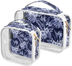 Floral-flower-blossom-leaves 2 Pack Clear Toiletry Bag Women Men, Portable Waterproof Clear Pouch, Cosmetic Bag with Double Zippers Large Opening Traveling with Handle for Bathroom Traveling Vacation