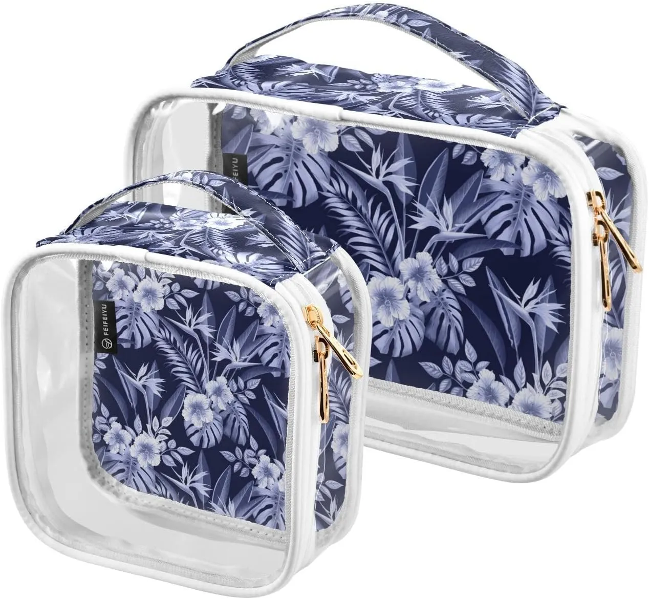 Floral-flower-blossom-leaves 2 Pack Clear Toiletry Bag Women Men, Portable Waterproof Clear Pouch, Cosmetic Bag with Double Zippers Large Opening Traveling with Handle for Bathroom Traveling Vacation