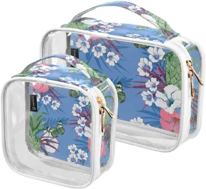 Flower-tropical-pattern 2 Pack Clear Toiletry Bag Women Men, Portable Waterproof Clear Pouch, Cosmetic Bag with Double Zippers Large Opening Traveling with Handle for Bathroom Traveling Vacation Organ