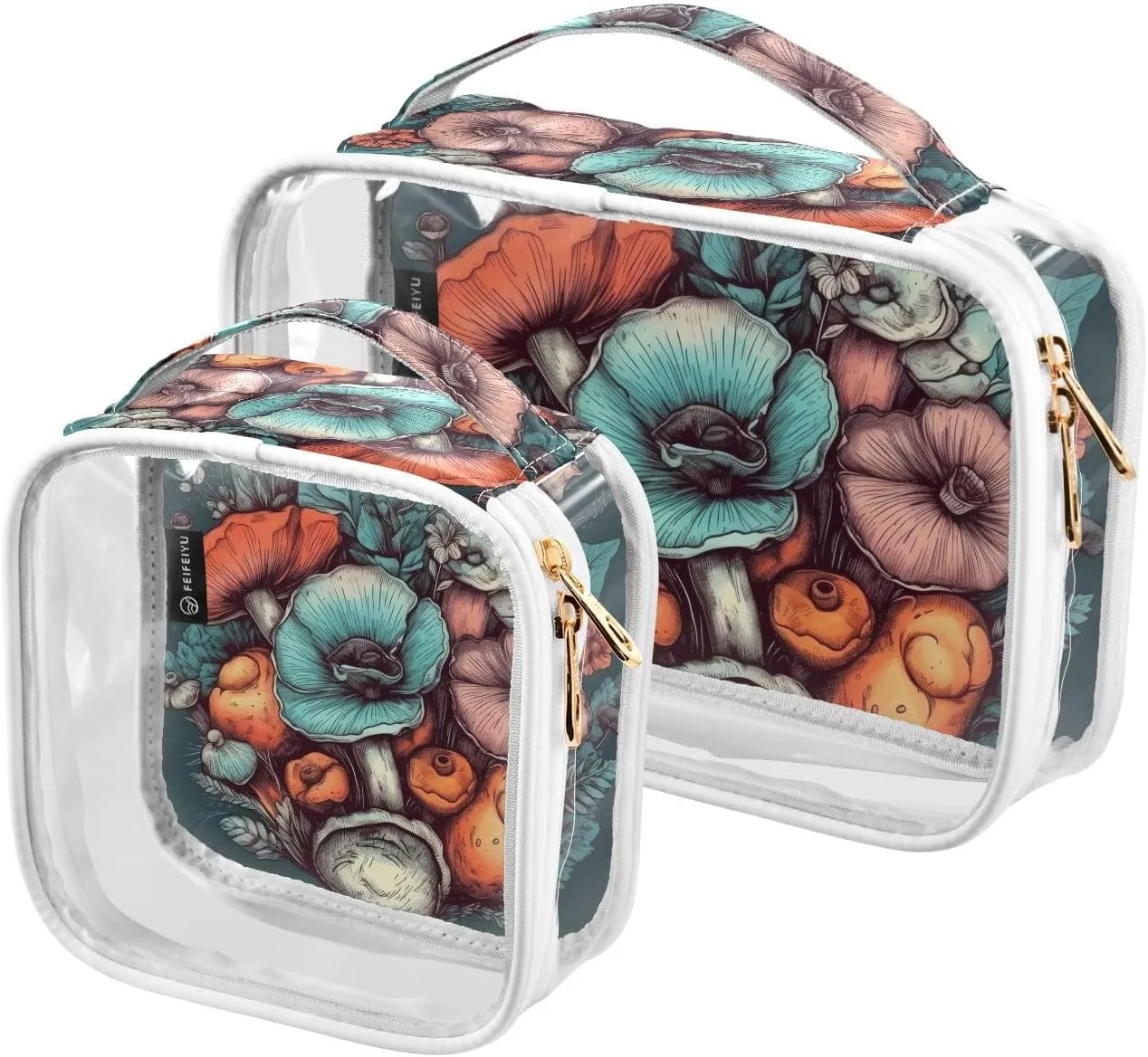 Flowers-mushrooms 2 Pack Clear Toiletry Bag Women Men, Portable Waterproof Clear Pouch, Cosmetic Bag with Double Zippers Large Opening Traveling with Handle for Bathroom Traveling Vacation Organizing