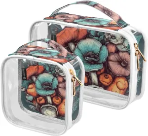 Flowers-mushrooms 2 Pack Clear Toiletry Bag Women Men, Portable Waterproof Clear Pouch, Cosmetic Bag with Double Zippers Large Opening Traveling with Handle for Bathroom Traveling Vacation Organizing