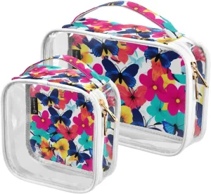 Flowers-plant-pattern 2 Pack Clear Toiletry Bag Women Men, Portable Waterproof Clear Pouch, Cosmetic Bag with Double Zippers Large Opening Traveling with Handle for Bathroom Traveling Vacation Organiz