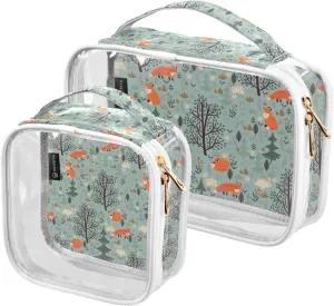 Forest-foxes-hares Print 2 Pack Clear Toiletry Bag Women Men, Portable Waterproof Clear Pouch, Cosmetic Bag with Double Zippers Large Opening Traveling with Handle for Bathroom Traveling Vacation Orga