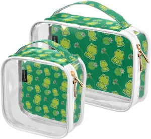 Frog Print 2 Pack Clear Toiletry Bag Women Men, Portable Waterproof Clear Pouch, Cosmetic Bag with Double Zippers Large Opening Traveling with Handle for Bathroom Traveling Vacation Organizing