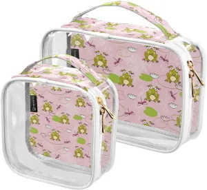 Frogs-dragonflies Print 2 Pack Clear Toiletry Bag Women Men, Portable Waterproof Clear Pouch, Cosmetic Bag with Double Zippers Large Opening Traveling with Handle for Bathroom Traveling Vacation Organ