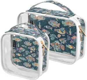 Funny-fish Pattern 2 Pack Clear Toiletry Bag Women Men, Portable Waterproof Clear Pouch, Cosmetic Bag with Double Zippers Large Opening Traveling with Handle for Bathroom Traveling Vacation Organizing