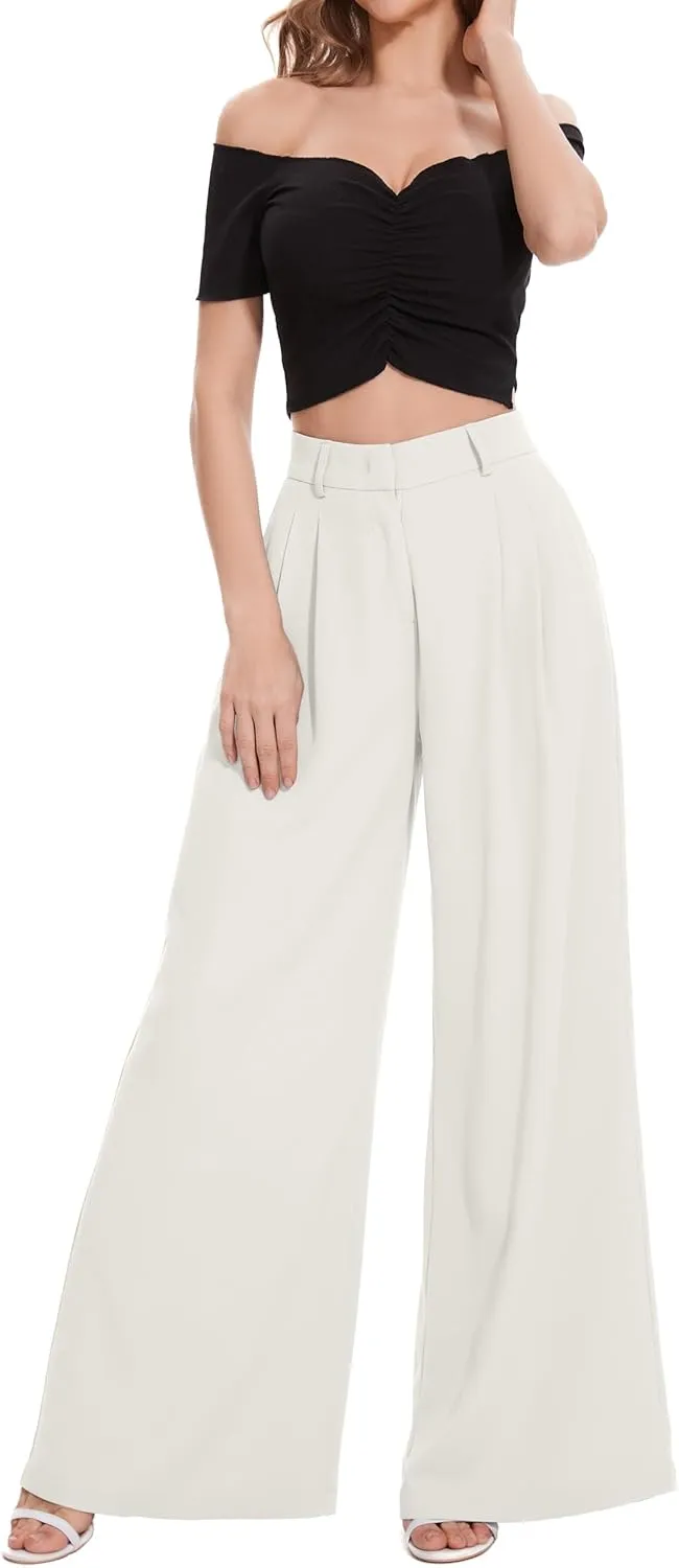 FUNYYZO Women Palazzo Pants High Elastic Waisted Business Work Long Trousers Wide Leg Loose Casual Pants