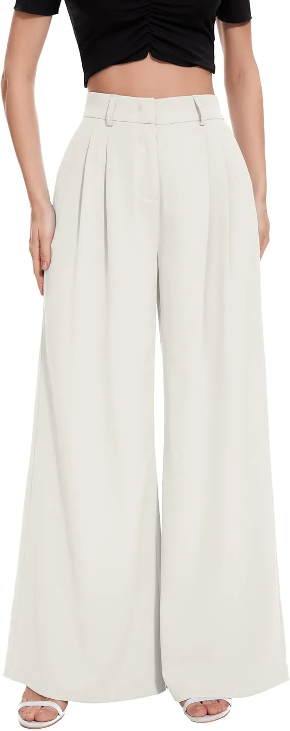 FUNYYZO Women Palazzo Pants High Elastic Waisted Business Work Long Trousers Wide Leg Loose Casual Pants