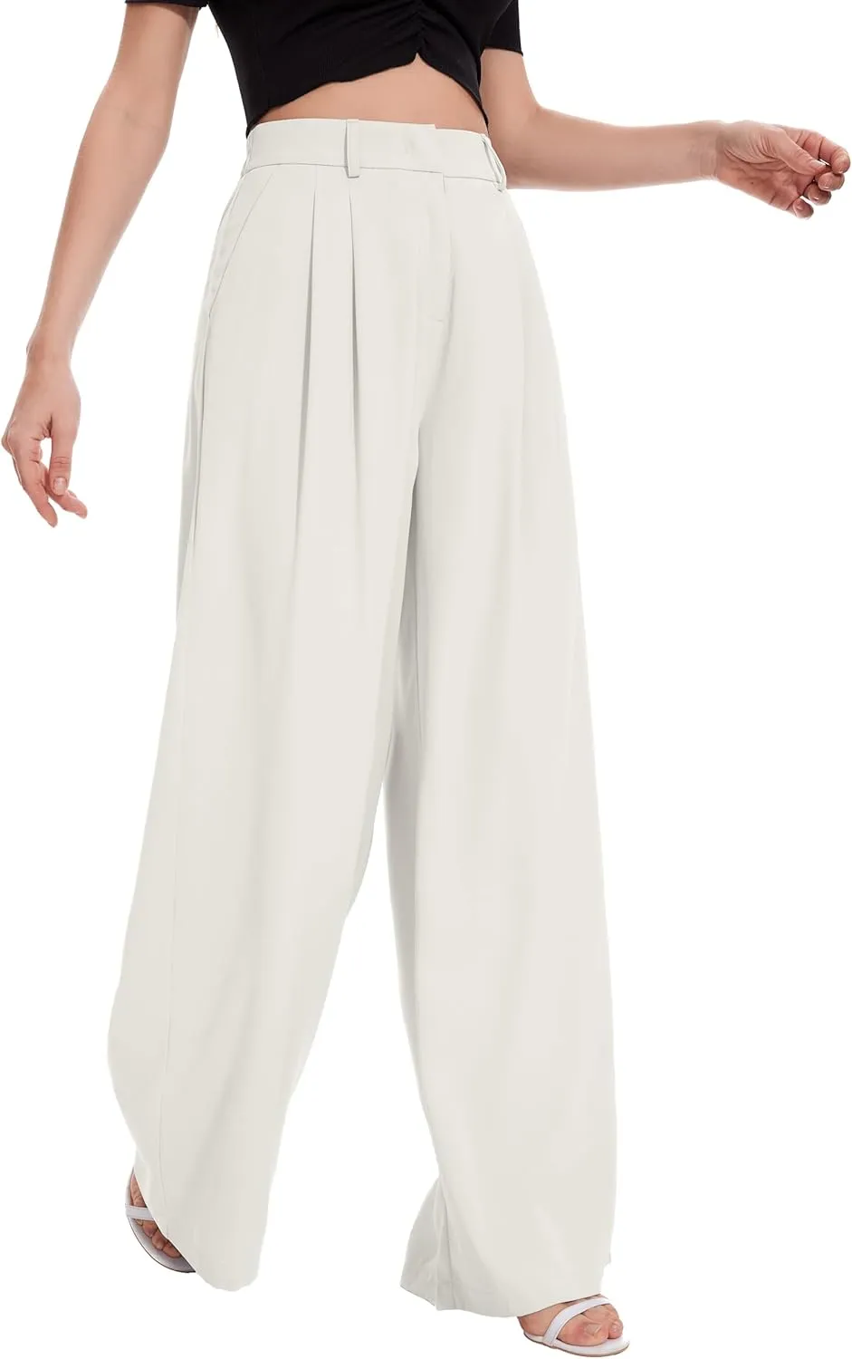 FUNYYZO Women Palazzo Pants High Elastic Waisted Business Work Long Trousers Wide Leg Loose Casual Pants