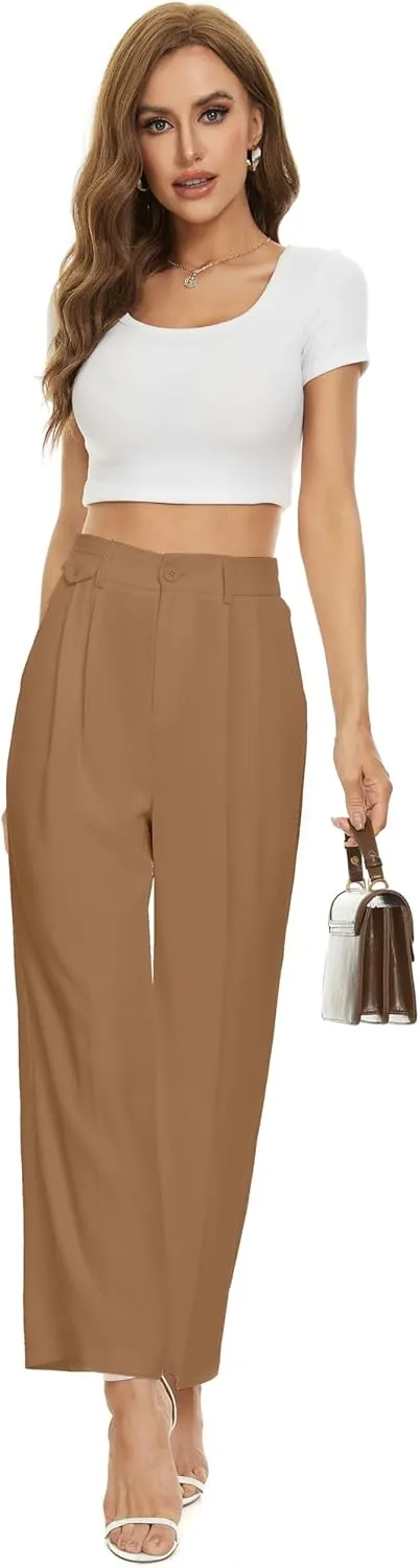 FUNYYZO Women's Loose Pleated Front Long Pants Wide Leg Trousers Solid Causal Dressy