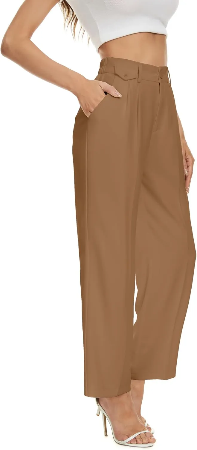 FUNYYZO Women's Loose Pleated Front Long Pants Wide Leg Trousers Solid Causal Dressy