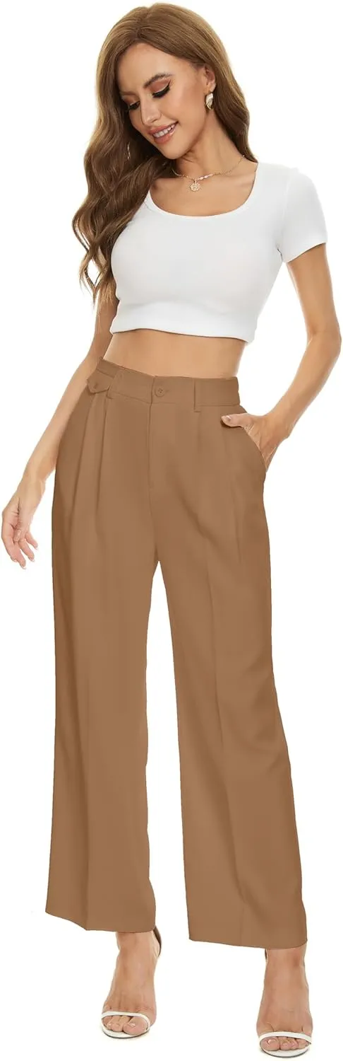 FUNYYZO Women's Loose Pleated Front Long Pants Wide Leg Trousers Solid Causal Dressy
