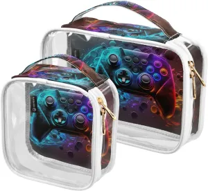 Game-console-controller 2 Pack Clear Toiletry Bag Women Men, Portable Waterproof Clear Pouch, Cosmetic Bag with Double Zippers Large Opening Traveling with Handle for Bathroom Traveling Vacation Organ