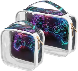 Game Controller Texture 2 Pack Clear Toiletry Bag Women Men, Portable Waterproof Clear Pouch, Cosmetic Bag with Double Zippers Large Opening Traveling with Handle for Bathroom Traveling Vacation Organ