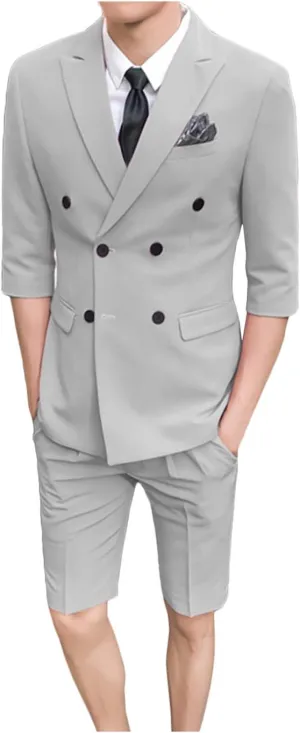 GATMSTZ Men Double Breasted 3/4 Sleeves Blazer Short Pants Formal Summer Suits