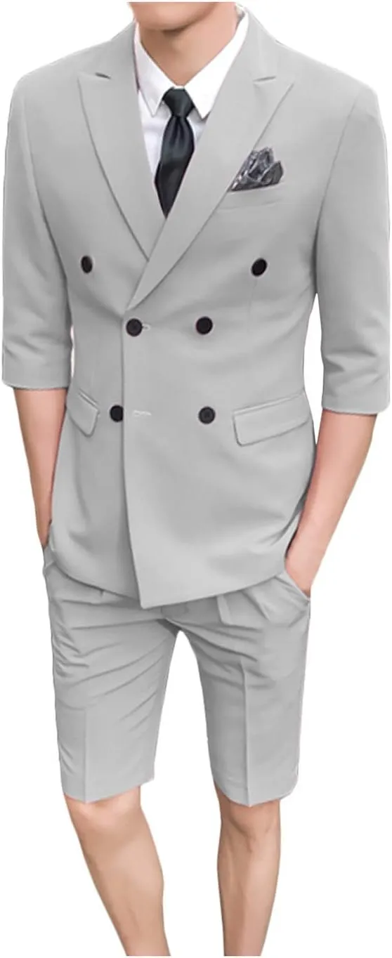 GATMSTZ Men Double Breasted 3/4 Sleeves Blazer Short Pants Formal Summer Suits