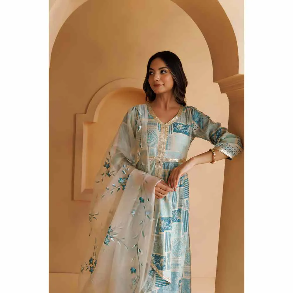 Geroo Jaipur Light Blue Printed Kurta with Pant and Hand painted Organza Dupatta (Set of 3)